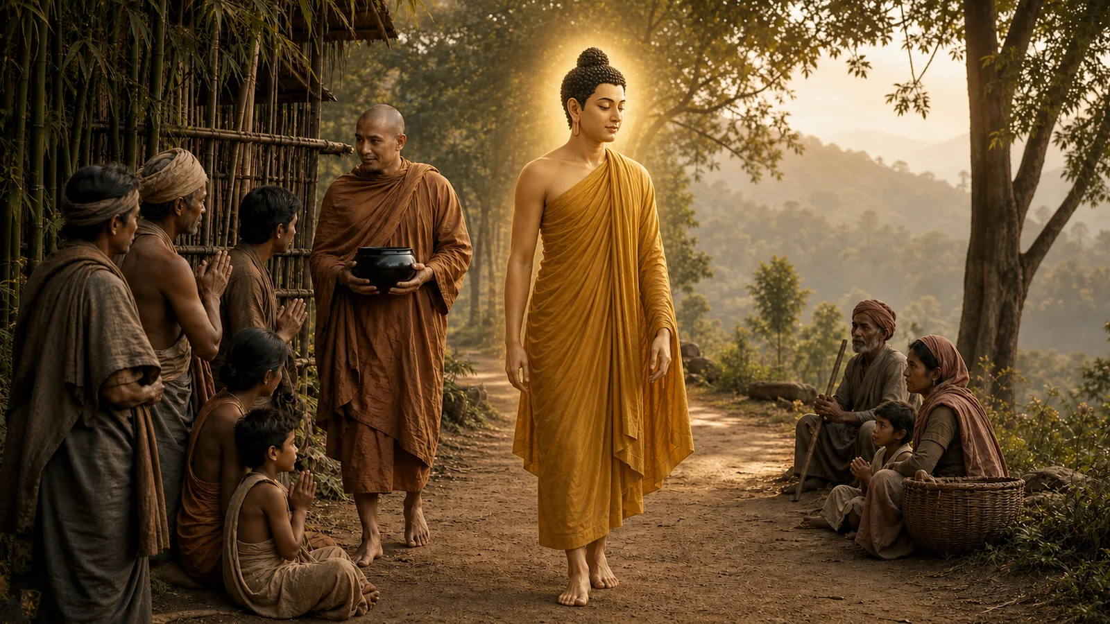 พระอานนท์เดินตามพระพุทธองค์ ขณะผู้คนสองข้างทางเข้ามาเฝ้า สื่อถึงพุทธอุปัฏฐากผู้เปิดประตูธรรม