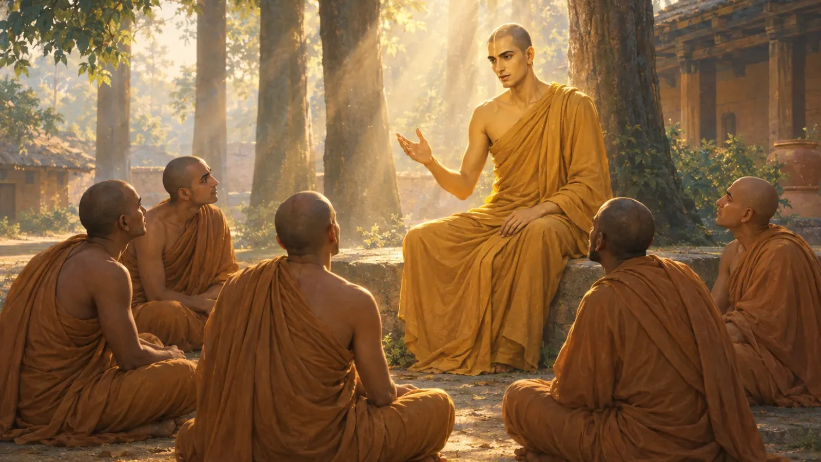 พระมหากัจจายนเถระผิวพรรณดังทอง นั่งอธิบายธรรมแก่ภิกษุกลุ่มเล็กใต้แสงเช้าในป่าใกล้วิหาร