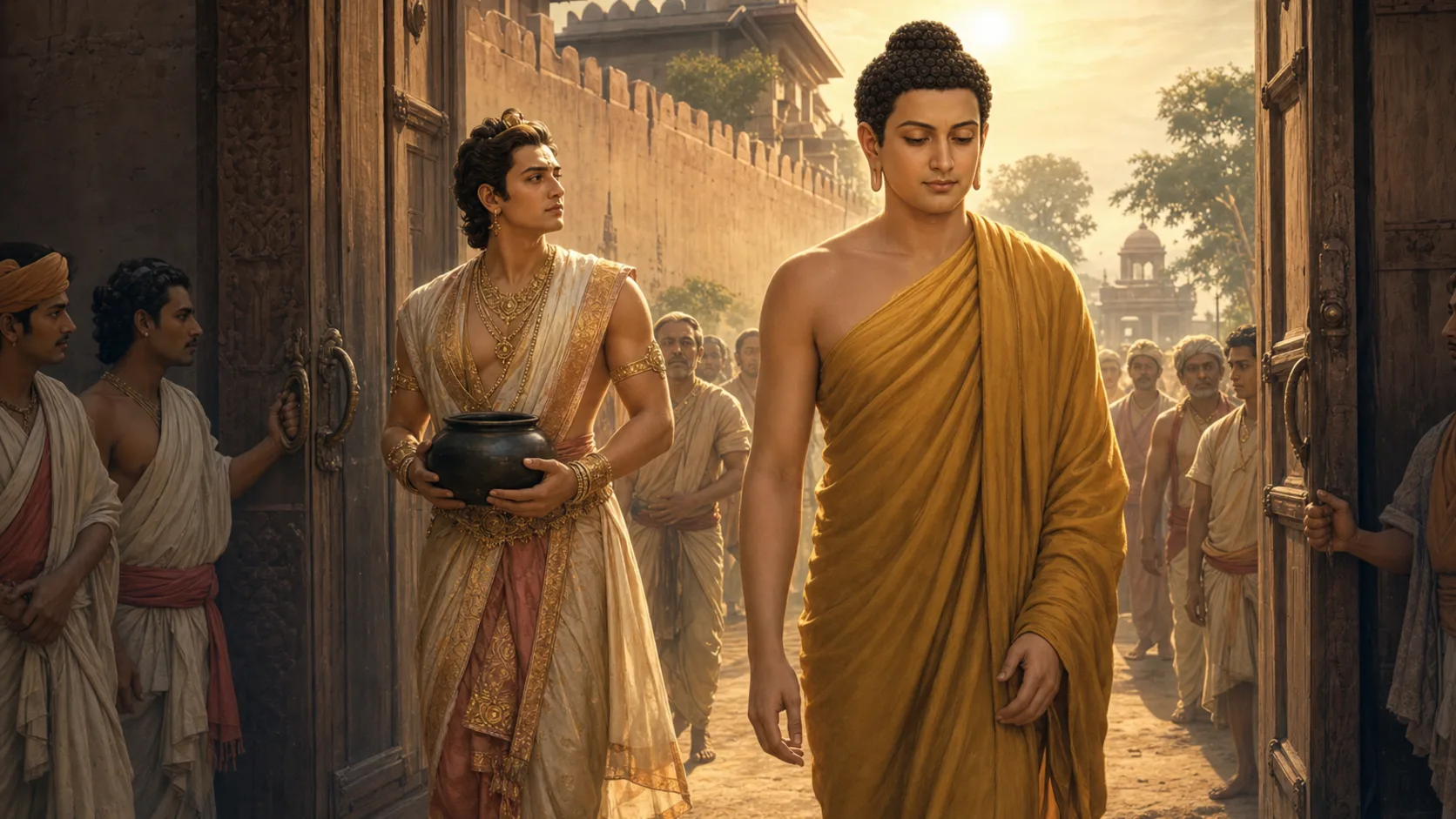 นันทกุมารในชุดเจ้าบ่าวถือบาตรเดินตามเสด็จพระพุทธเจ้าออกจากประตูพระราชวังกบิลพัสดุ์ พร้อมเหลียวมองกลับไปทางวัง