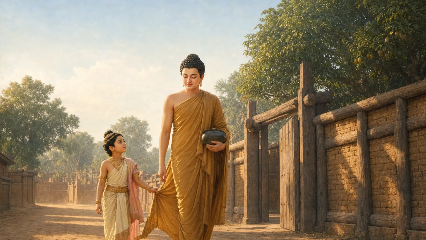 ราหุลกุมารวัย ๗ ขวบในเครื่องทรงราชกุมาร จับชายจีวรเดินตามเสด็จพระพุทธเจ้าอยู่บนทางดินนอกกรุงกบิลพัสดุ์