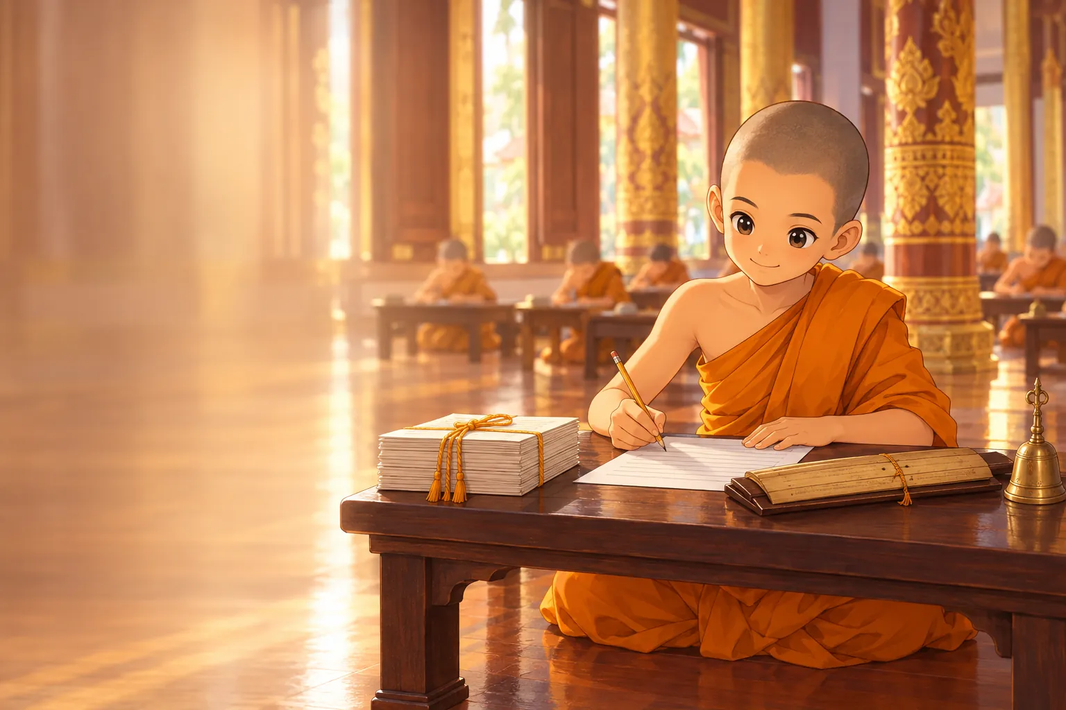 สามเณรน้อยนั่งเขียนตอบข้อสอบบาลีในศาลาสอบ