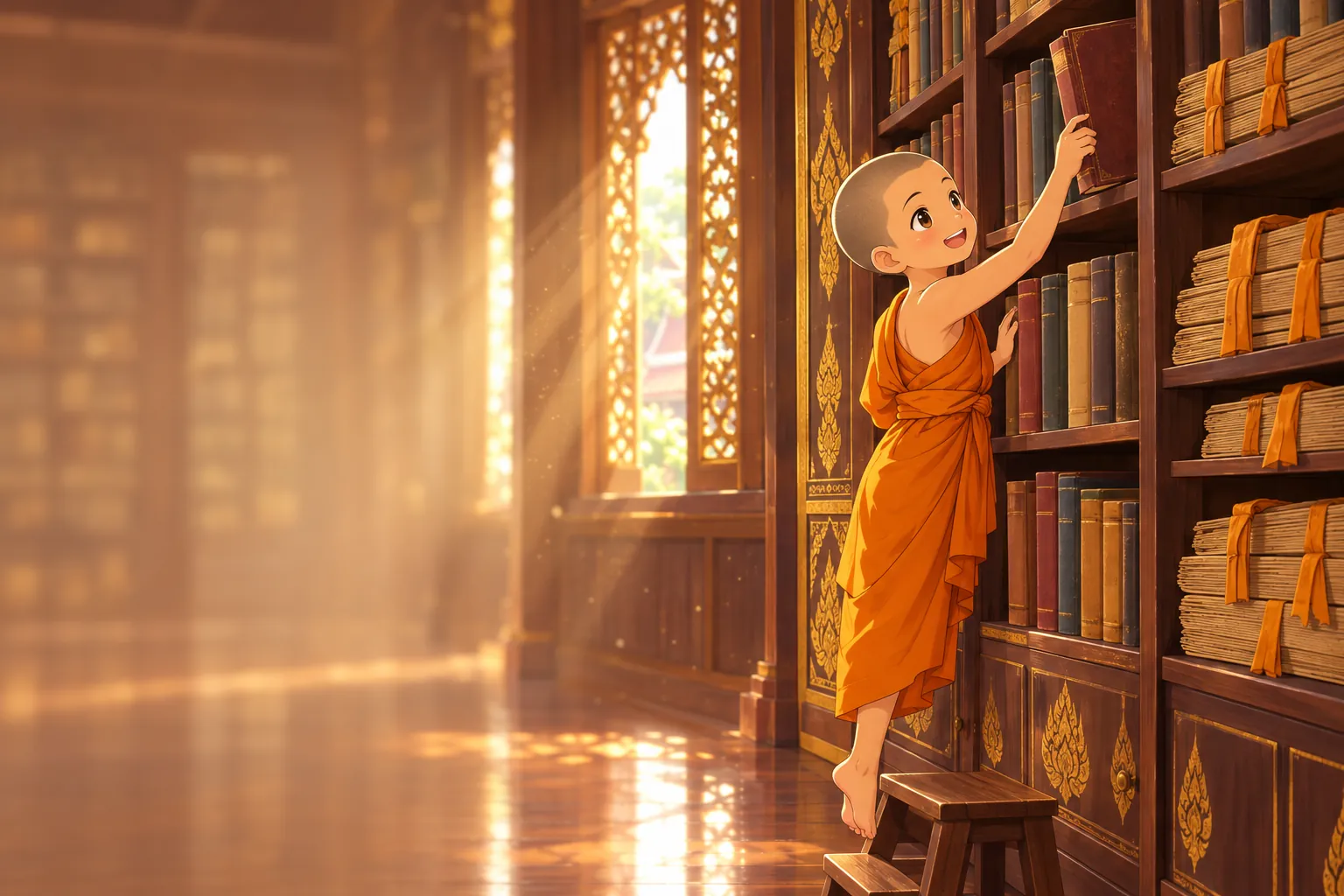 สามเณรน้อยเขย่งหยิบหนังสือจากตู้หนังสือในหอไตร