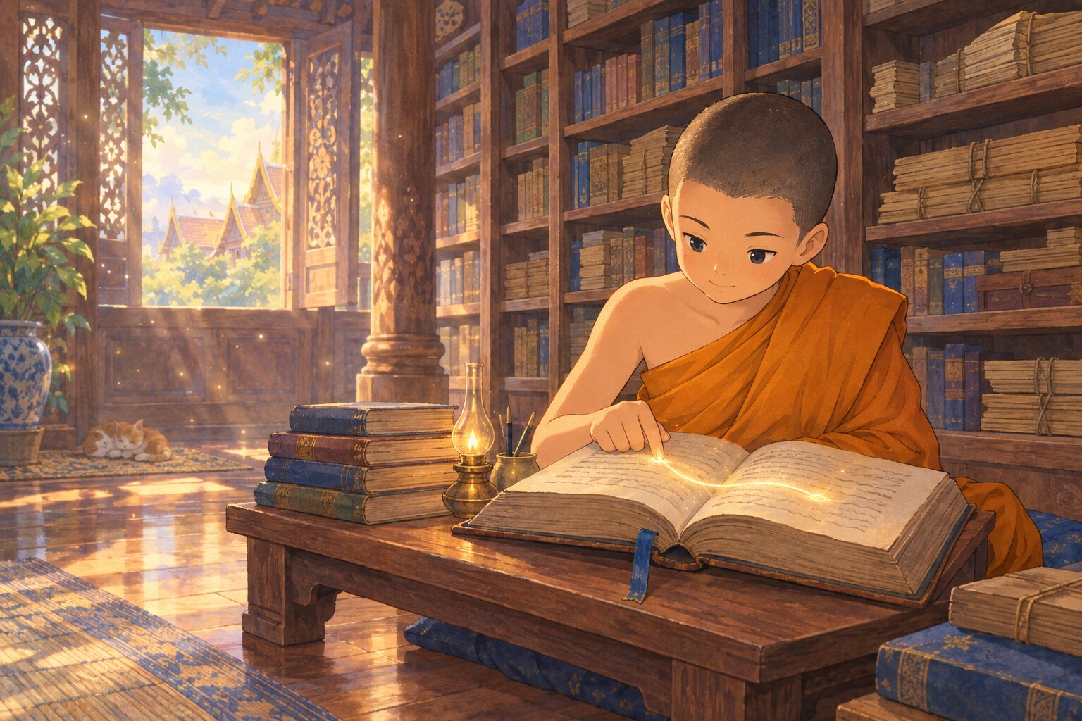 สามเณรนั่งอ่านตำราเล่มใหญ่ในหอไตร ใช้นิ้วไล่ตามบรรทัด