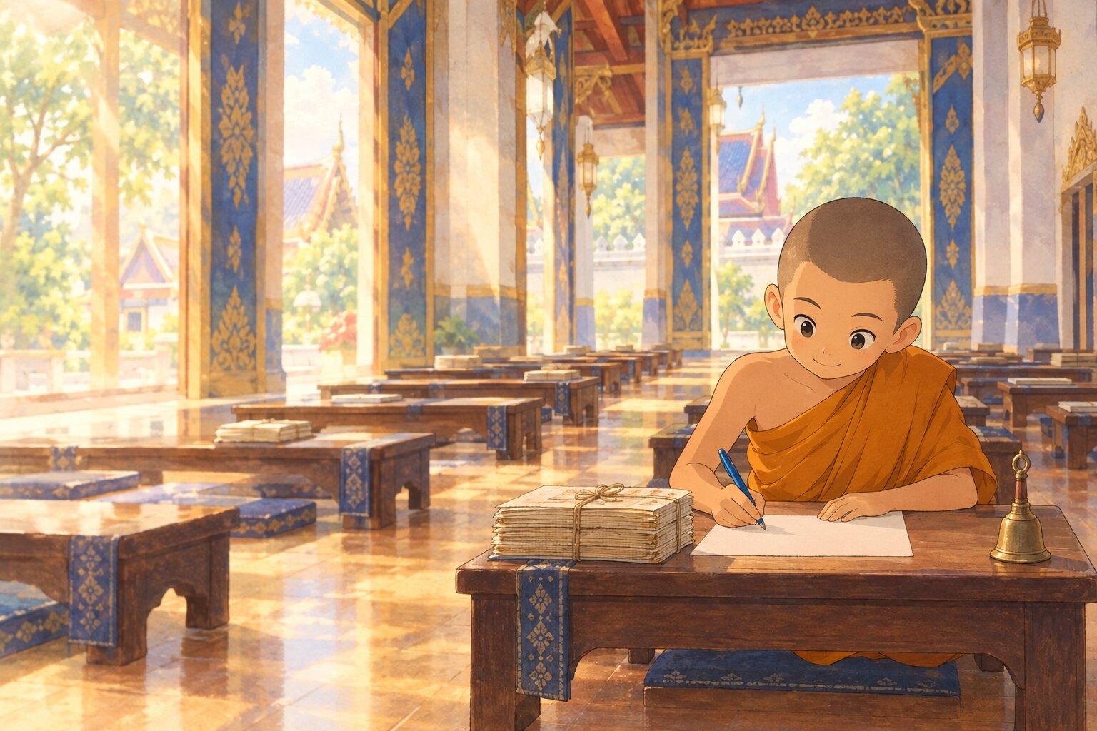 สามเณรนั่งเขียนตอบข้อสอบในศาลาสอบ