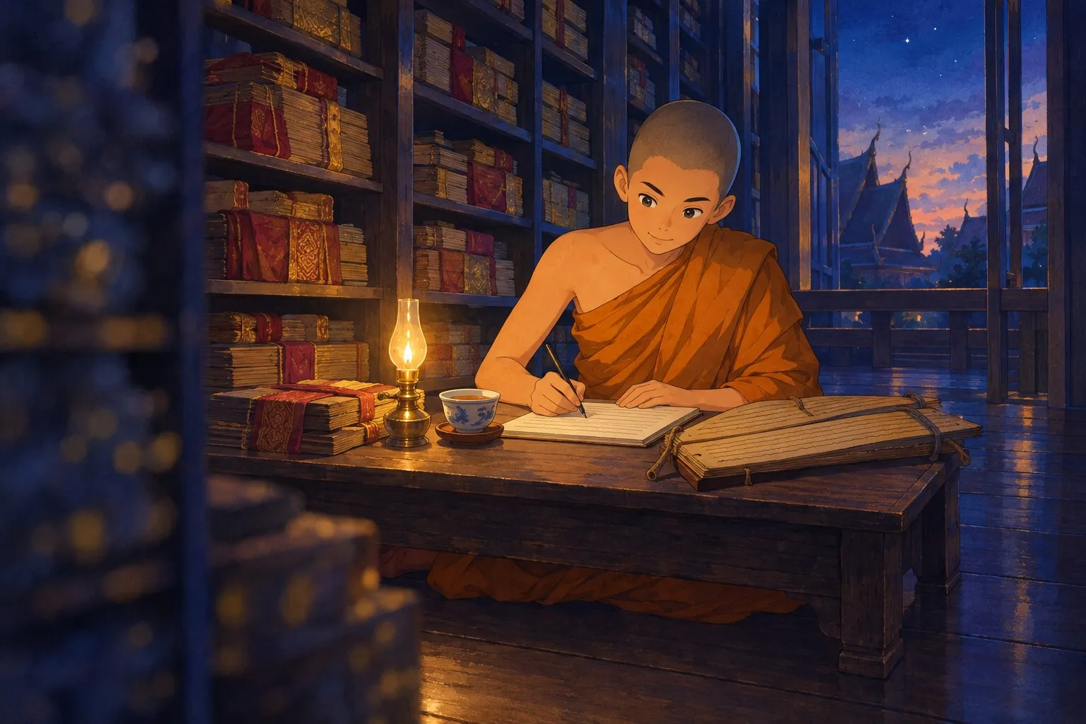 สามเณรรุ่นพี่นั่งเขียนแปลคัมภีร์ใบลานในหอไตรยามค่ำ