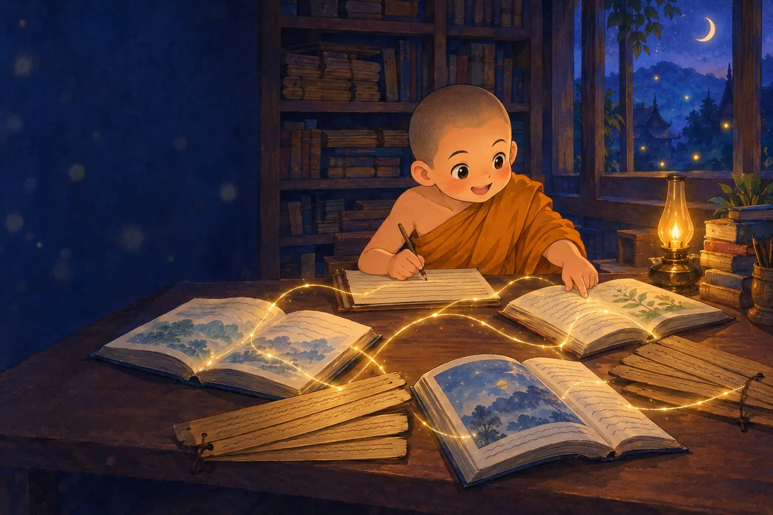 สามเณรน้อยนั่งเชื่อมคำจากหนังสือหลายเล่มด้วยเส้นแสงสีทองในหอไตรยามค่ำ