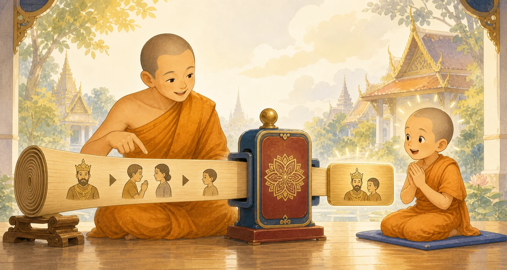 หลวงพี่ชี้ให้สามเณรดูใบลานเรื่องพระราชากับพระราชบุตรถูกพับผ่านเครื่องพับ ออกมาเป็นป้ายคำเดียว