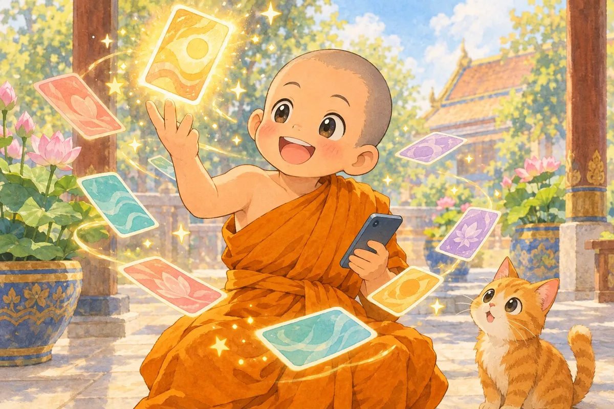 สามเณรน้อยพลิกแฟลชการ์ดเรืองแสง มีการ์ดสีสันหมุนรอบตัว